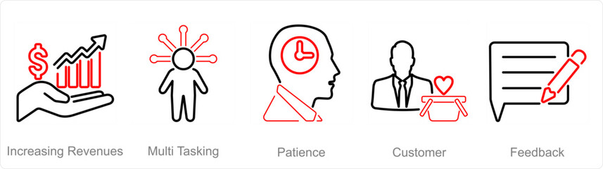 A set of 5 customer service icons as increasing revenues, musti tasking, patience