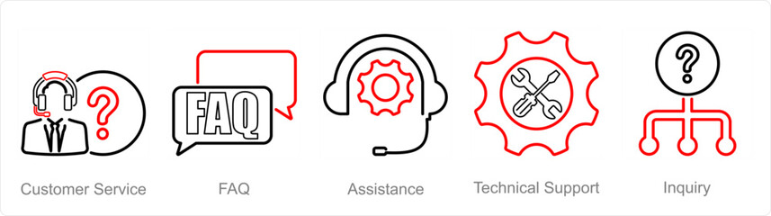 A set of 5 customer service icons as customer service, faq, assistance