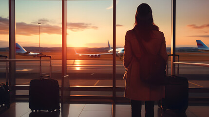 Travel tourist standing with luggage watching sunset at airport window. Unrecognizable woman...