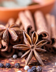 Obraz na płótnie Canvas Spices star anise, cinnamon and isolated pepper
