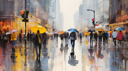 Rainy day, city pedestrian crossing, people under umbrellas, back view. generative ai.