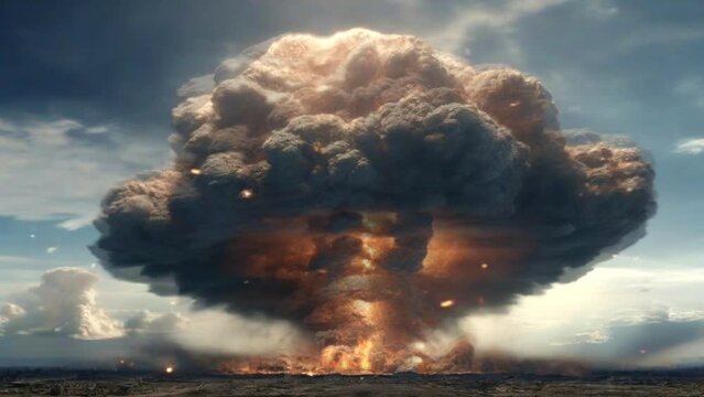 The scene after the atomic bomb exploded with hot smoke billowing into the sky. World destruction due to war. 4k looping virtual animation overlay