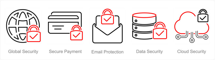 A set of 5 Cyber Security icons as global security, secure payment, email protection