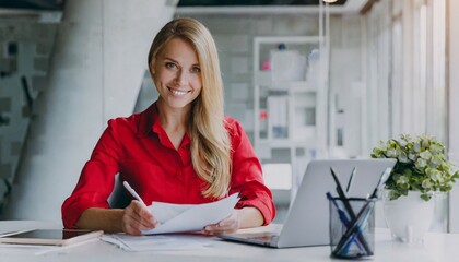  Young successful employee business woman in red shirt hold pen ,paper account documents 