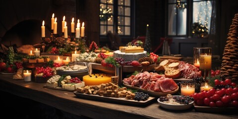 Fototapeta na wymiar Festive buffet for New Year's party, Christmas table with food. Generative AI