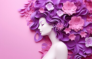 Obraz na płótnie Canvas Abstract Purple Paper Sculpture of Woman Made of Flowers for Women’s Day on Pink Background