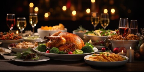 Christmas dinner table with turkey. New Year's decor in the background. Generative AI