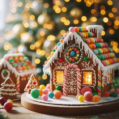 handmade Christmas gingerbread house decorated with star-shaped candies sits on a wooden table.