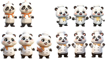 Set of cute 3d panda in chef uniform isolated on transparent background