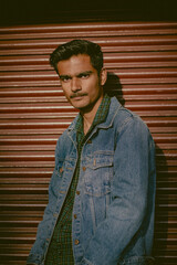 Close up shot of a model, posing with denim jacket and black sunglasses with selective focus. Handsome indian model standing near a wall. Smart,dashing indian men in fashionable outfit. 