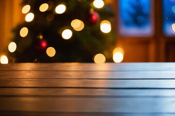 Close-up of an empty wooden table,  in the blurred backgrounda a living room with christmas tree and a window