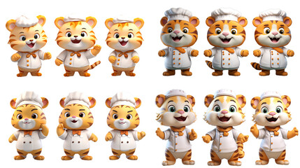 3d illustration collection of a tiger chef with various expression isolated on white background
