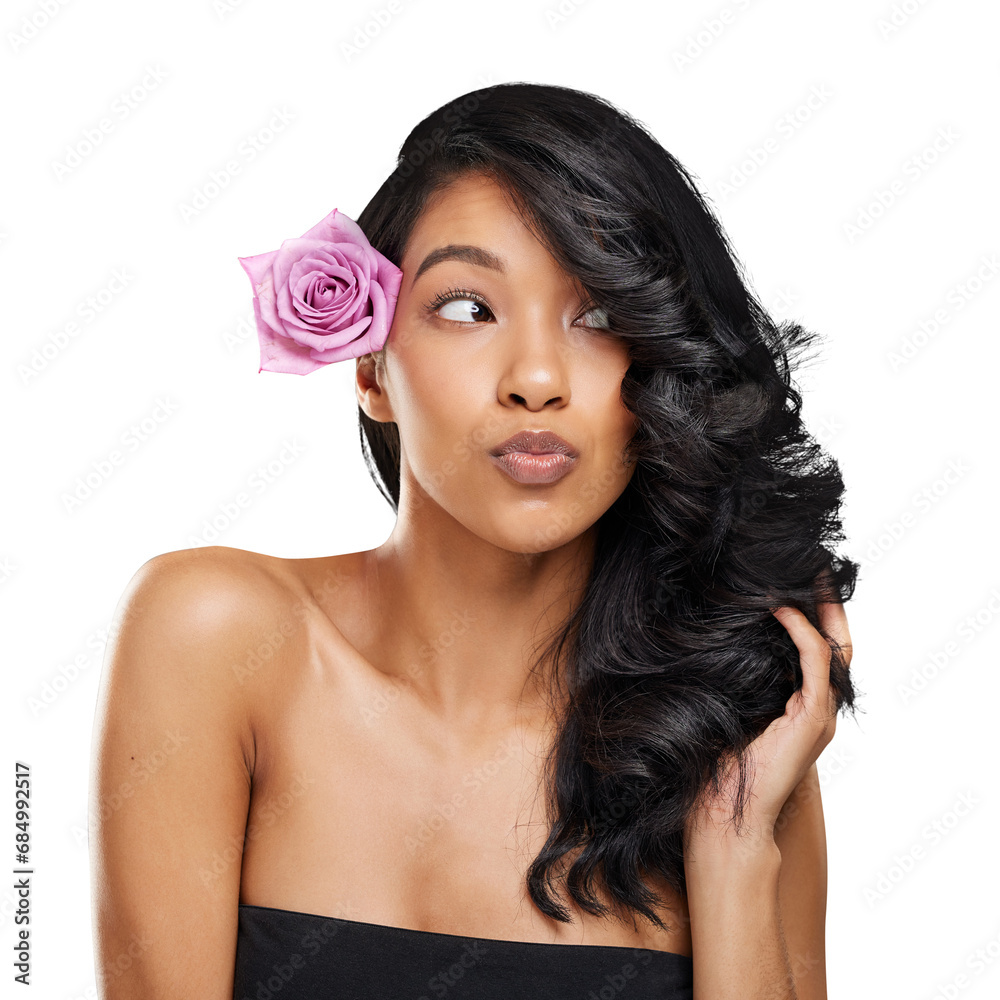 Wall mural Touch, flower and hair care of woman, curly salon treatment and natural beauty on a transparent png background. Hairstyle, organic floral cosmetics and wellness, healthy rose and thinking of shine