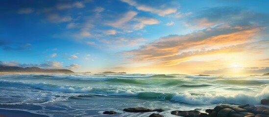 As the sun rises over Africa, the vibrant blue waves of the Atlantic glisten in the morning sunlight, creating a picturesque seascape at Strandfontein with a texture of wind-filtered big panorama - obrazy, fototapety, plakaty