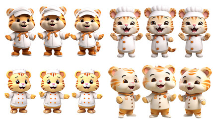 3d illustration collection of a tiger chef with various expression isolated on white background