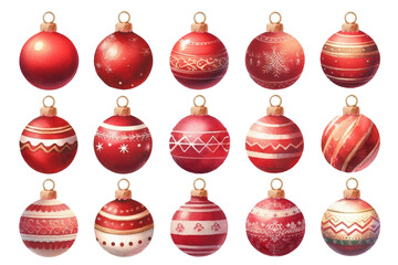 赤いクリスマスオーナメントの水彩イラストの素材セット