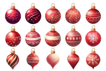赤いクリスマスオーナメントの水彩イラストの素材セット