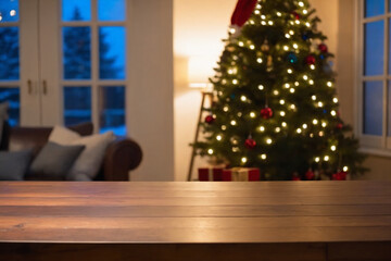 Fototapeta na wymiar Close-up of an empty wooden table, in the blurred backgrounda a living room with christmas tree and a window