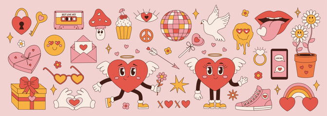 Retro groovy set for Valentines Day. Funny characters in shape of heart, hippie love sticker, trend 60s 70s. Vector cartoon illustration