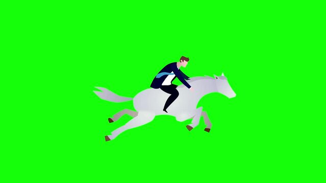 Businessman with brown hair riding white horse green screen. Business people. Animation good for business metaphor subjects. Cartoon illustration of idea.