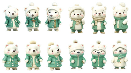 Obraz premium 3d set of white polar bear cartoon character isolated on white background