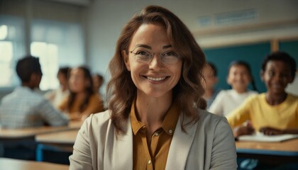 Female teacher was smiling and cheerful, intent on teaching a group of students in the classroom  - obrazy, fototapety, plakaty