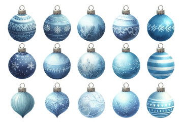 水色のクリスマスオーナメントの水彩イラストの素材セット
