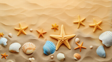 Fototapeta na wymiar Sea shell and starfish beach sand background with copy space