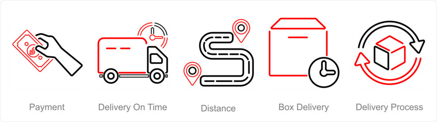 A set of 5 delivery icons as payment, delivery on time, distance