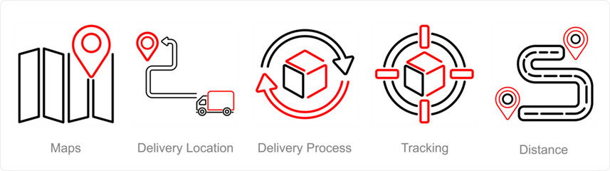 A set of 5 delivery icons as maps, delivery location, delivery process