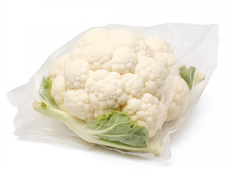 Cauliflower in transparent packaging. Isolated on white background for designer. 