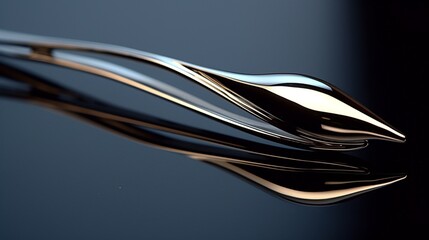 A close-up of a shiny, silver hairpin on a reflective surface.