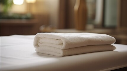 Fototapeta na wymiar A close-up of a soft, white towel being delicately placed on a massage table,