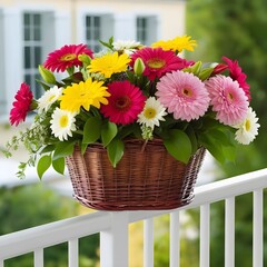 A bouquet of flowers in a basket, placed on a terrace railing