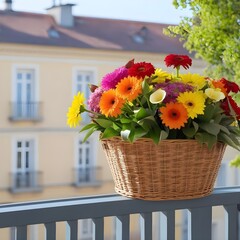 A bouquet of flowers in a basket, placed on a terrace railing
