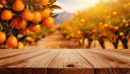 Empty wooden table with space over orange tree, orange field background for product display montage