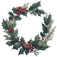 Holly leaves and berry. Christmas wreath watercolour illustration.