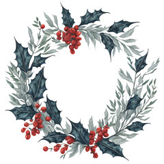 Holly leaves and berry. Christmas wreath watercolour illustration.