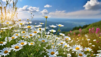Bright summer landscape with beautiful camomiles wildflowers 