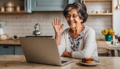 old grandmother happy smile uses her laptop in the kitchen to make video calls with friends  - obrazy, fototapety, plakaty