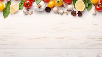 Naklejka na ściany i meble Healthy food ingredients composition with fresh cherry tomatoes, herbs, garlic cloves, lemon wedges and spoon on white wooden rustic background, overhead shot with copy space, long banner