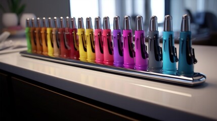 A hair salon's countertop adorned with an array of colorful curling irons, ready for use.