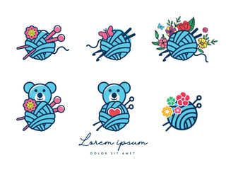 Vector knitted yarn ball logo and icon design set. Knitted plush teddy themed logo and icons.