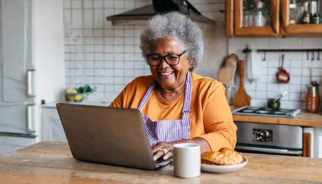 old grandmother happy smile uses her laptop in the kitchen to make video calls with friends 
