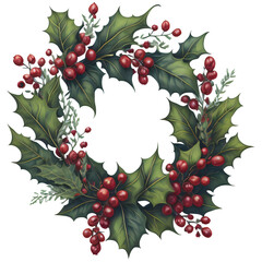 Holly leaves and berry. Christmas wreath watercolour illustration.