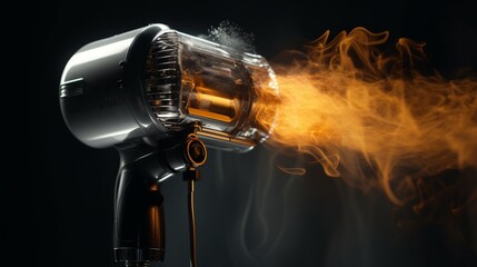 A hairdryer in action, blowing a jet of hot air onto a brush and hair.