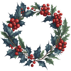 Holly leaves and berry. Christmas wreath watercolour illustration.