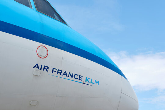 Air France-KLM logo on the nose of an airplane. Air France-KLM is a French-Dutch multinational with its headquarters at Charles de Gaulle Airport.