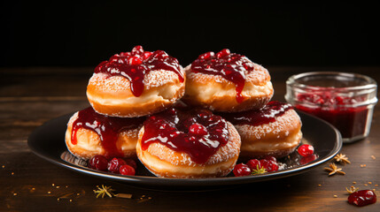 Happy Hanukkah holiday front view doughnuts with jam