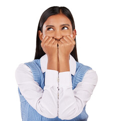Face, happy woman and cover of mouth for secret, gossip or news with playful expression. Indian person, professional and excitement emoji for announcement on isolated or transparent png background